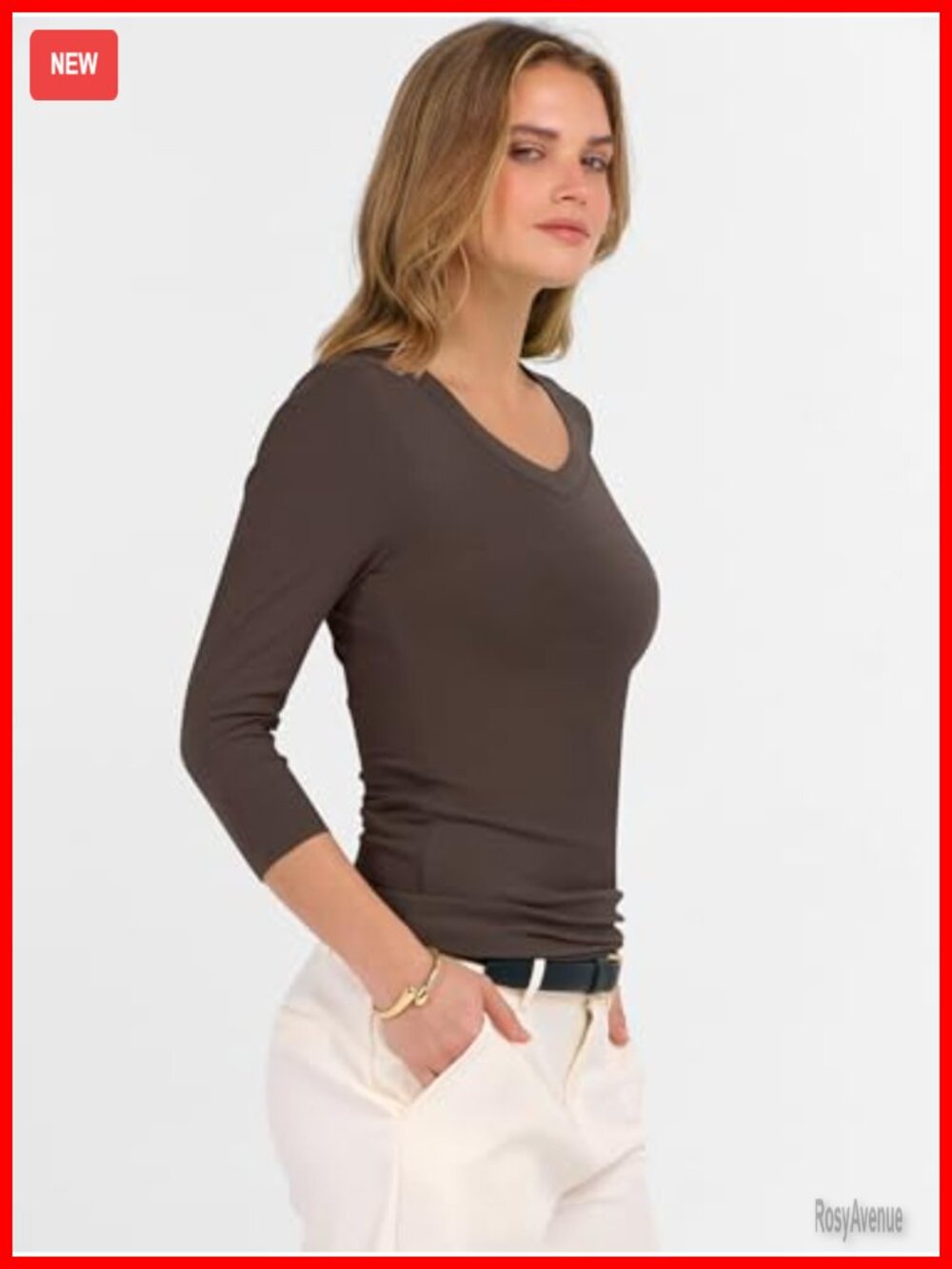 Women's Ribbed Knit V-Neck 3/4 Sleeve Slim Fit T-Shirt - Picture 4 of 7